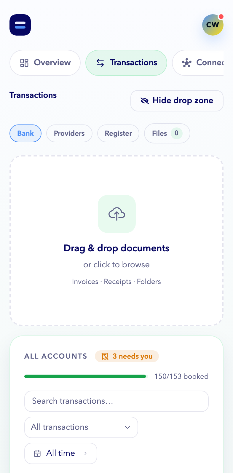 The client app's Transactions: the Cactus payment waits for its receipt